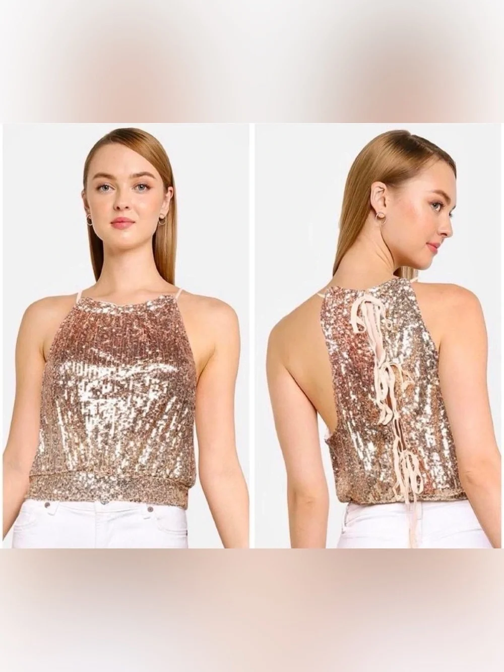 New Free People M gold lights out sequin tie back evening date night party tank